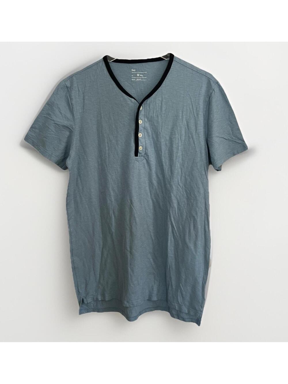 Gap Men’s Medium Tall Blue Henley Shirt Short Sleeve Contrast Trim Slub Knit